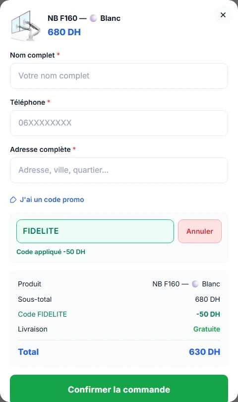 Modal de commande SmartLook avec code promo applique et total reduit visible