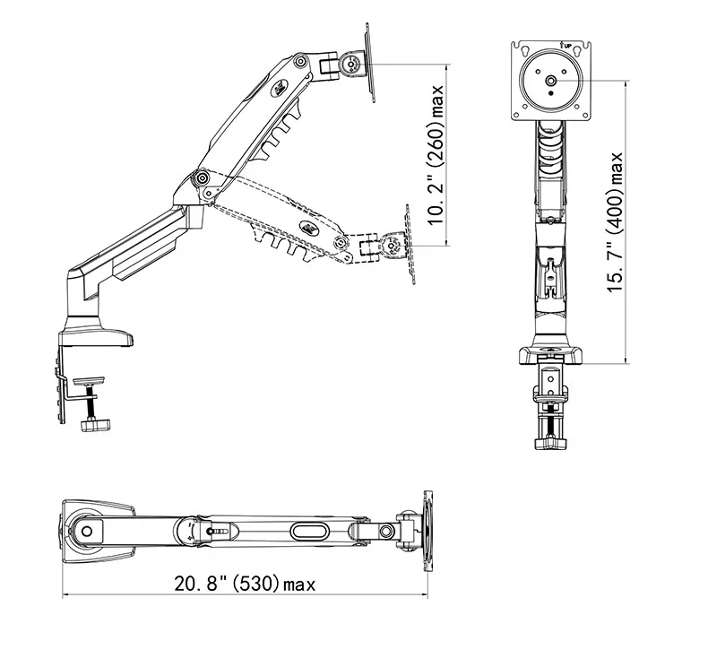 Dimensions du bras moniteur NB F80 — extension 53 cm et hauteur 40 cm