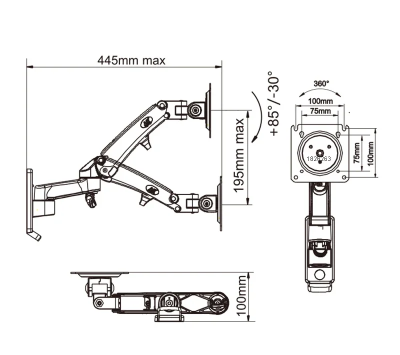 Dimensions bras moniteur mural NB F150 — extension 445 mm, hauteur 195 mm, VESA 75/100 mm