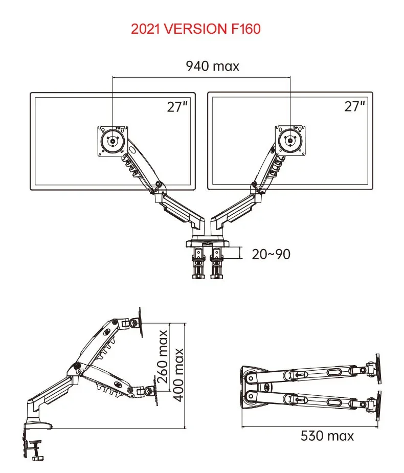 Dimensions support double écran NB F160 — envergure 940 mm, extension 530 mm, hauteur 400 mm