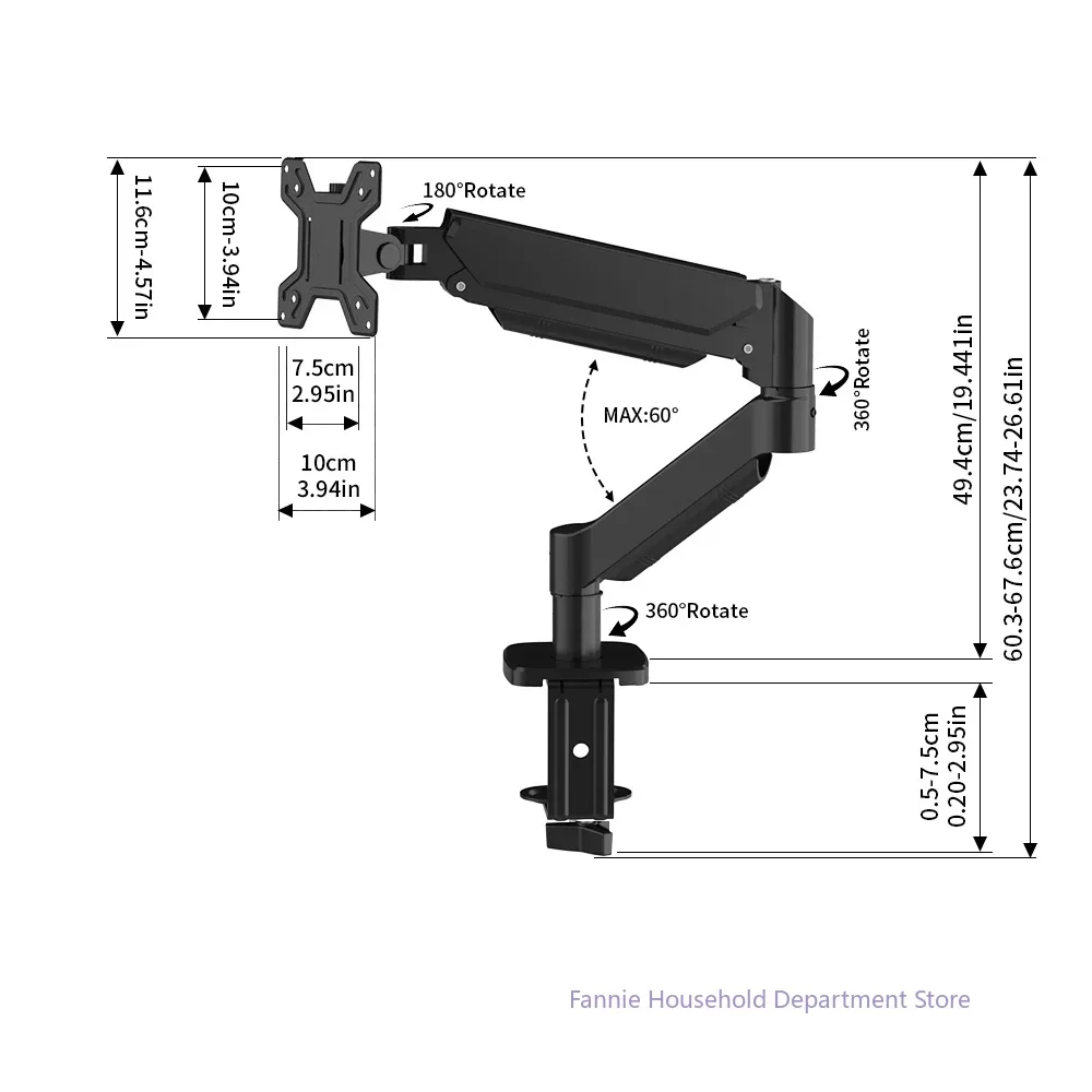 Support ce modèle — dimensions et angles d'articulation